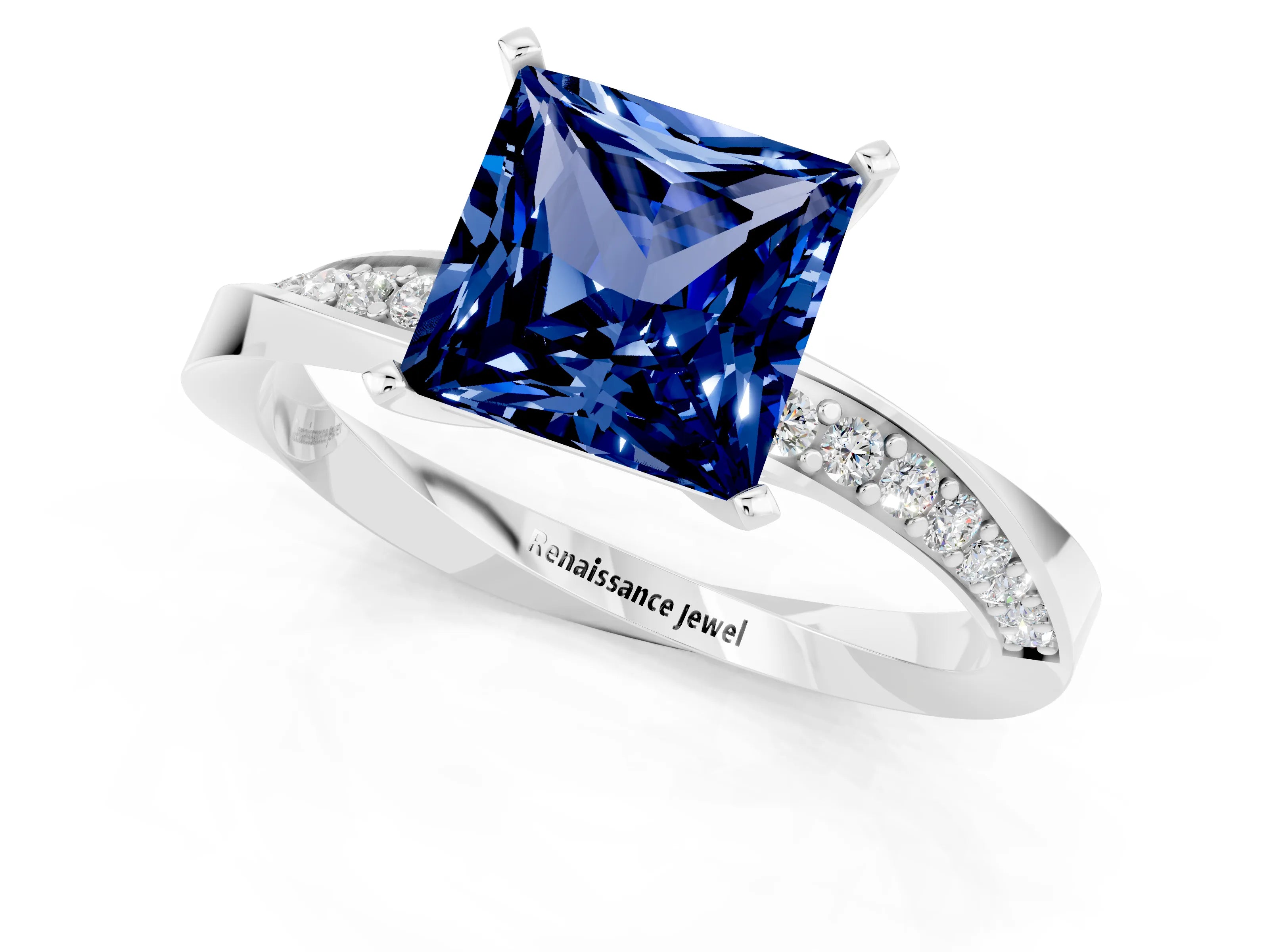 White gold Princess Cut Blue Sapphire Engagement Ring with Side Stone Accents and Four-Prong Setting_40