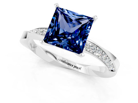White gold Princess Cut Blue Sapphire Engagement Ring with Side Stone Accents and Four-Prong Setting_40