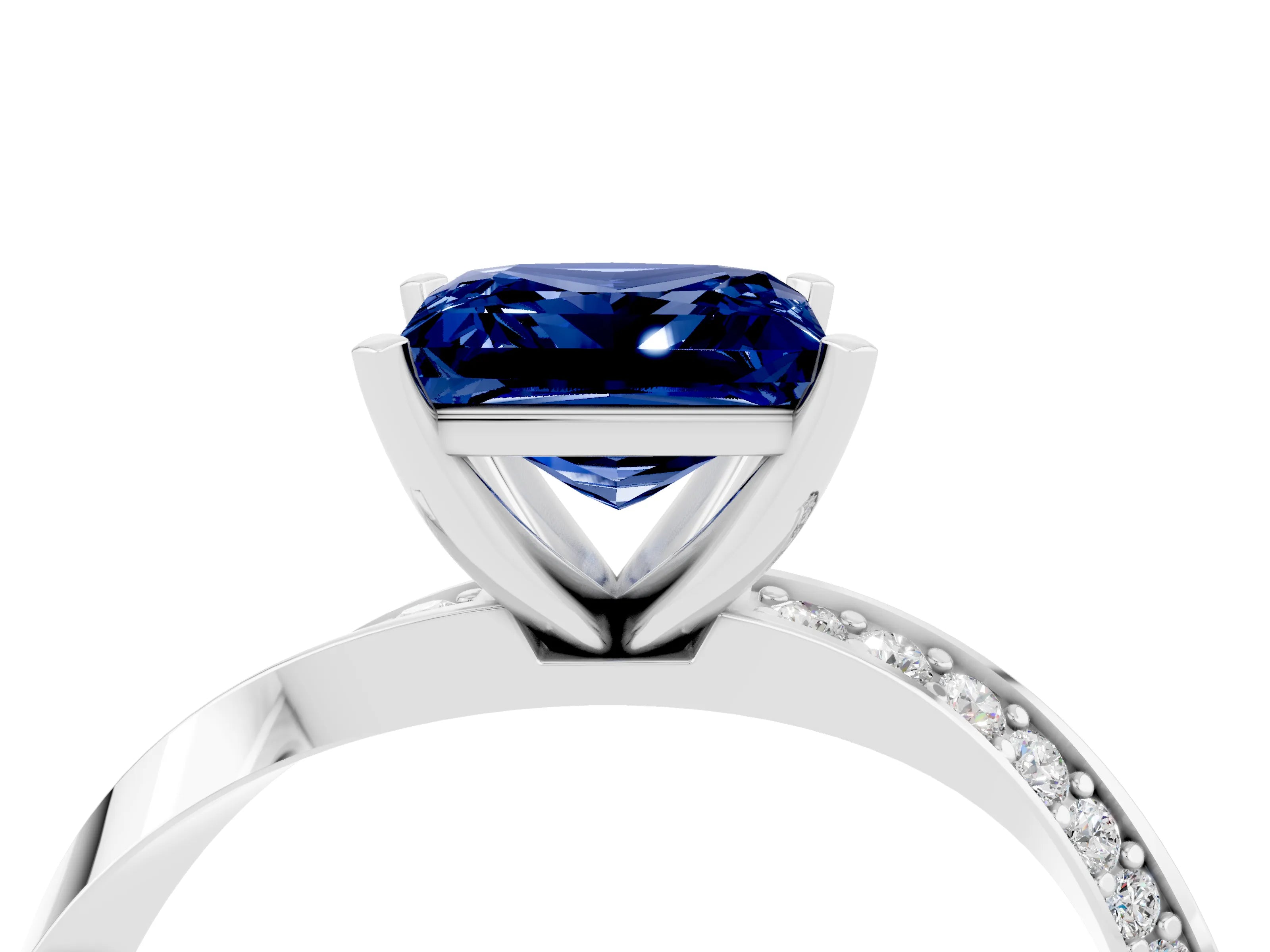White gold Princess Cut Blue Sapphire Engagement Ring with Side Stone Accents and Four-Prong Setting_43