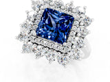 White gold Princess Cut Blue Sapphire Floral Double Halo Engagement Ring with Prong Setting_127