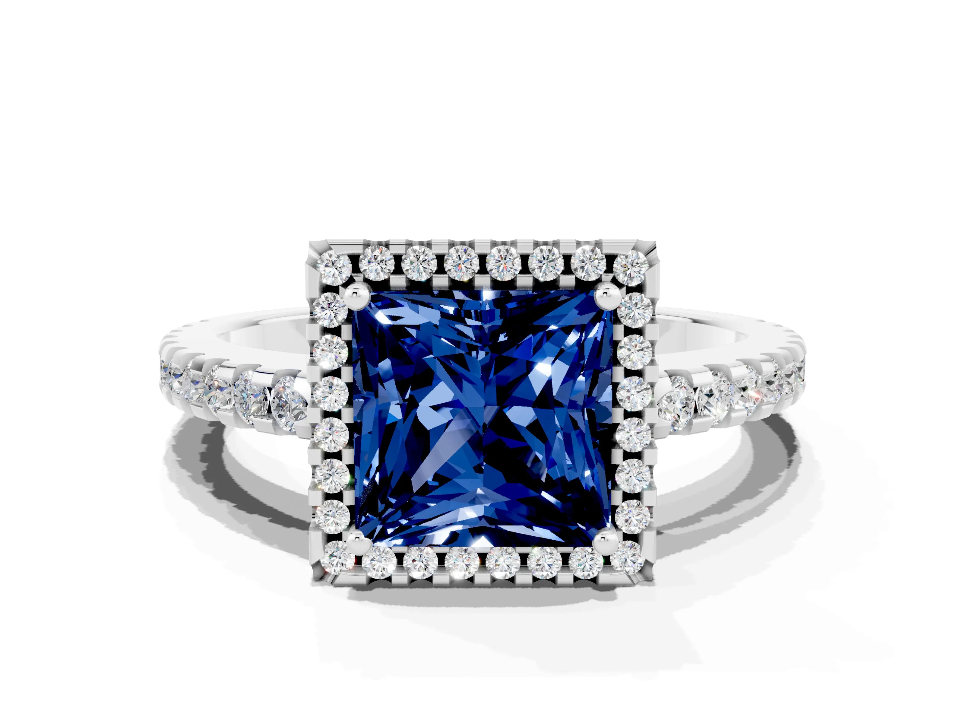White gold Princess Cut Blue Sapphire Halo Engagement Ring with Pavé Band and Prong Setting_12