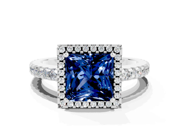Silver Princess Cut Blue Sapphire Halo Engagement Ring with Pavé Band and Prong Setting
