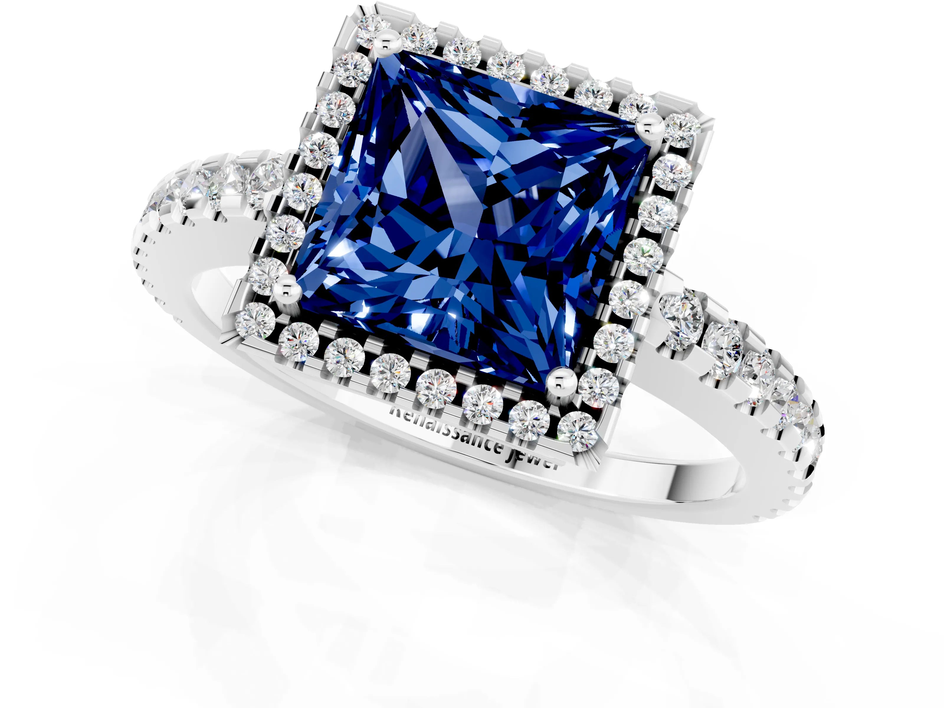 White gold Princess Cut Blue Sapphire Halo Engagement Ring with Pavé Band and Prong Setting_13