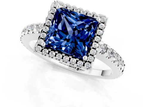 White gold Princess Cut Blue Sapphire Halo Engagement Ring with Pavé Band and Prong Setting_13