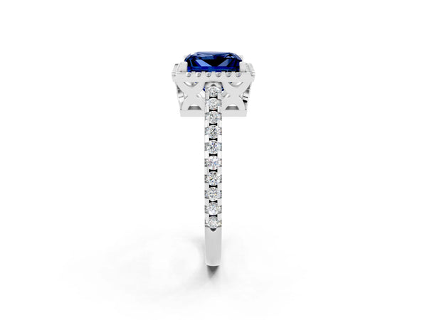 Platinum Princess Cut Blue Sapphire Halo Engagement Ring with Pavé Band and Prong Setting