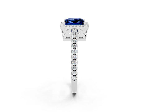 White gold Princess Cut Blue Sapphire Halo Engagement Ring with Pavé Band and Prong Setting_14
