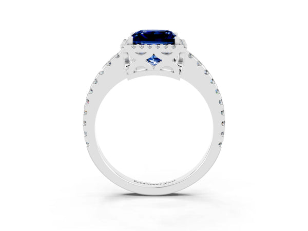 Platinum Princess Cut Blue Sapphire Halo Engagement Ring with Pavé Band and Prong Setting