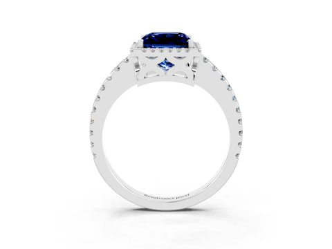 White gold Princess Cut Blue Sapphire Halo Engagement Ring with Pavé Band and Prong Setting_15