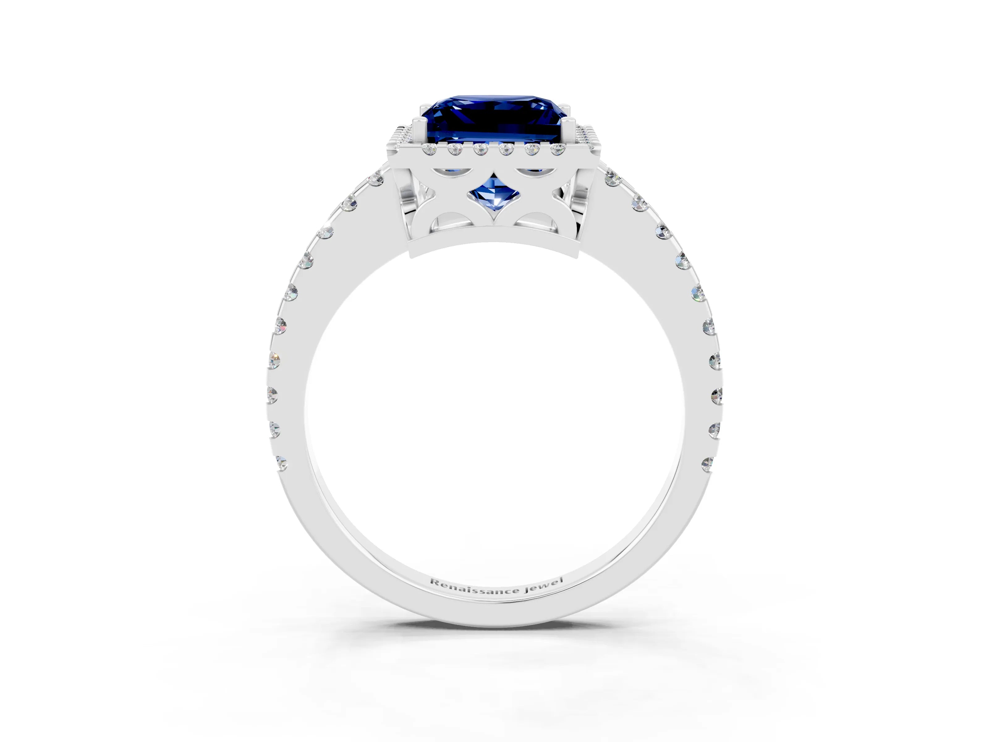 White gold Princess Cut Blue Sapphire Halo Engagement Ring with Pavé Band and Prong Setting_15