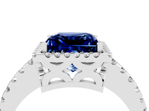 White gold Princess Cut Blue Sapphire Halo Engagement Ring with Pavé Band and Prong Setting_16