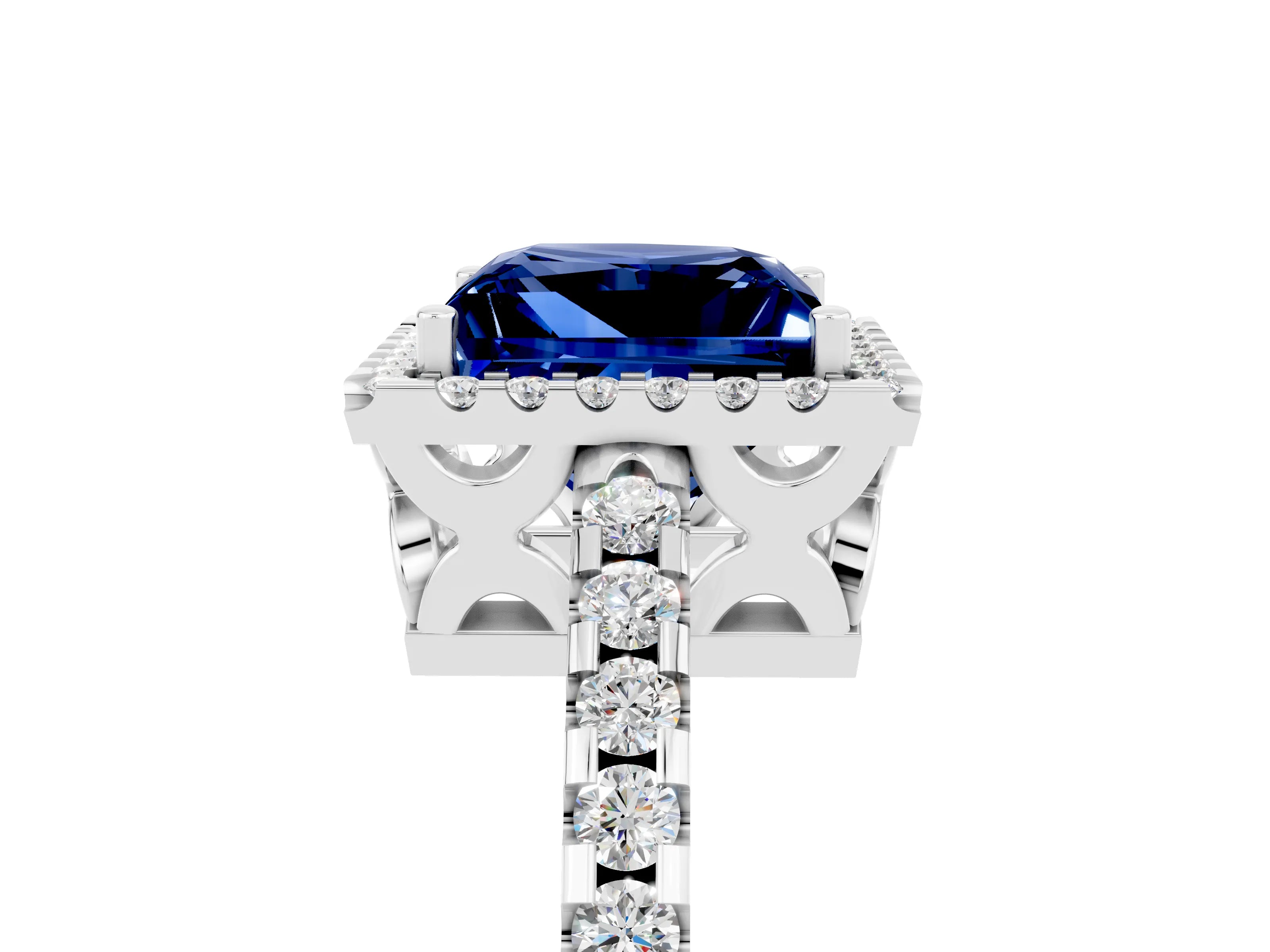 White gold Princess Cut Blue Sapphire Halo Engagement Ring with Pavé Band and Prong Setting_17