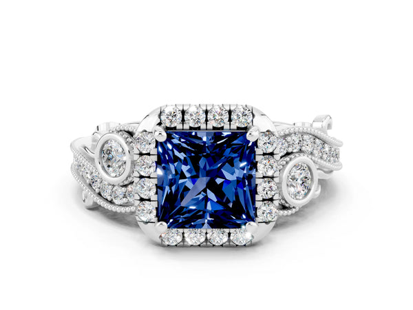 Platinum Princess Cut Blue Sapphire Halo Ring with Milgrain Pavé Band and Four-Prong Setting