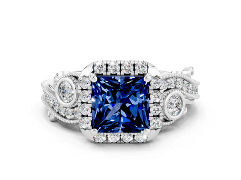 White gold Princess Cut Blue Sapphire Halo Ring with Milgrain Pavé Band and Four-Prong Setting_12