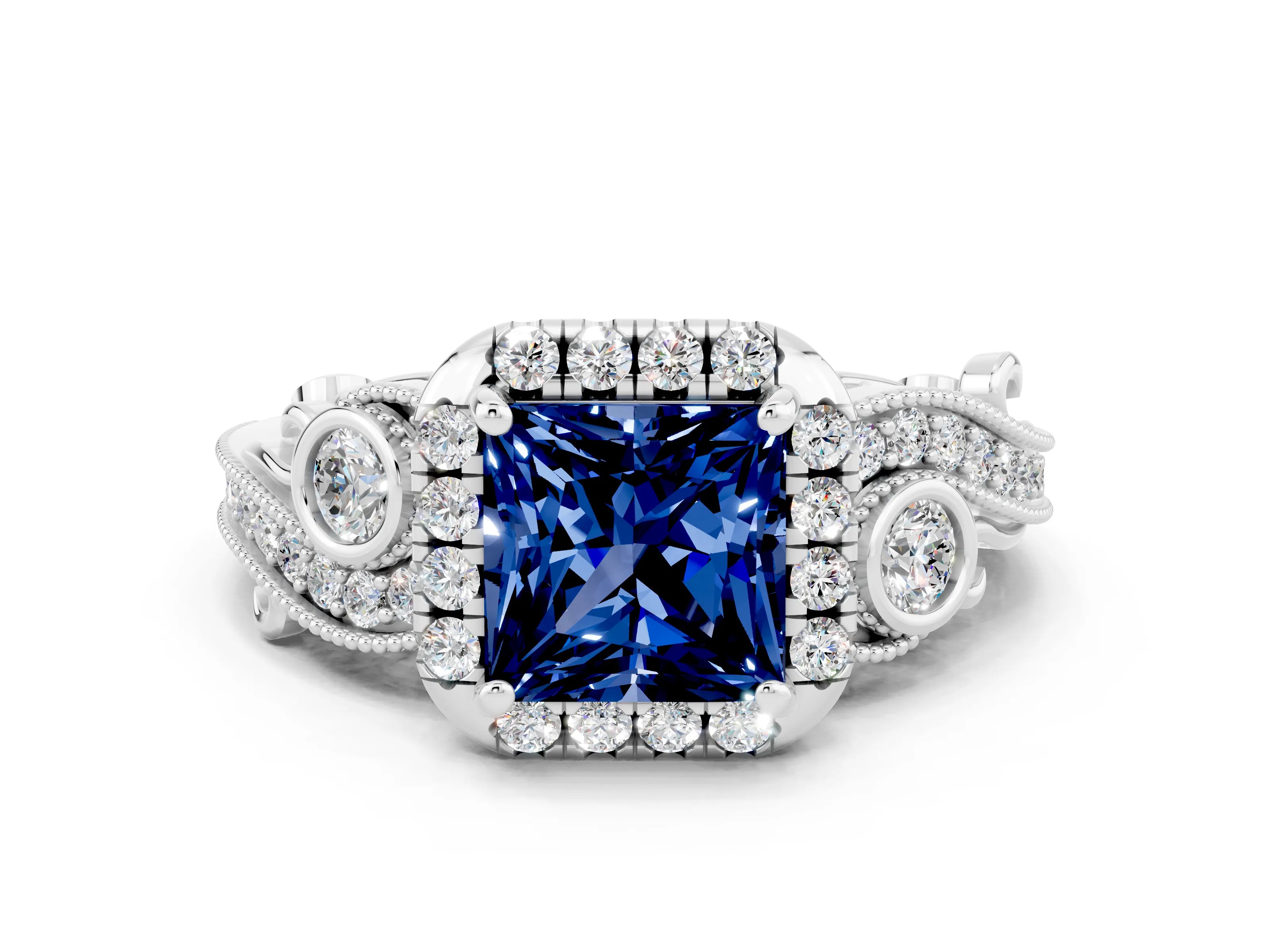 White gold Princess Cut Blue Sapphire Halo Ring with Milgrain Pavé Band and Four-Prong Setting_12