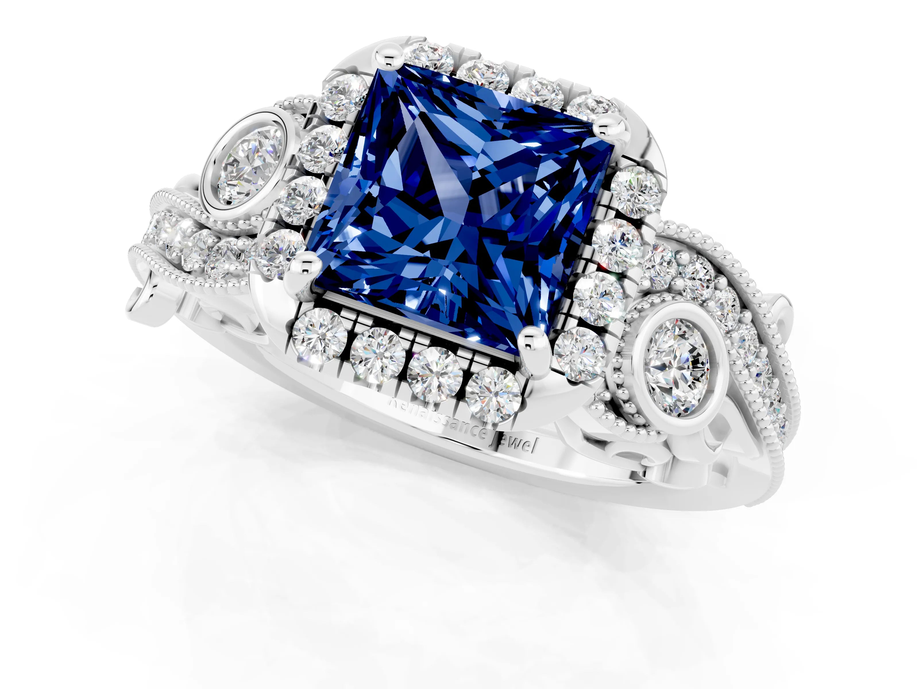 White gold Princess Cut Blue Sapphire Halo Ring with Milgrain Pavé Band and Four-Prong Setting_13