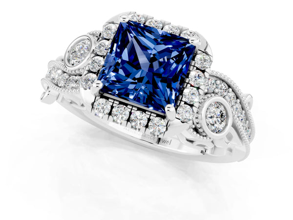 White gold Princess Cut Blue Sapphire Halo Ring with Milgrain Pavé Band and Four-Prong Setting
