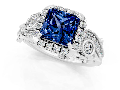 White gold Princess Cut Blue Sapphire Halo Ring with Milgrain Pavé Band and Four-Prong Setting_13