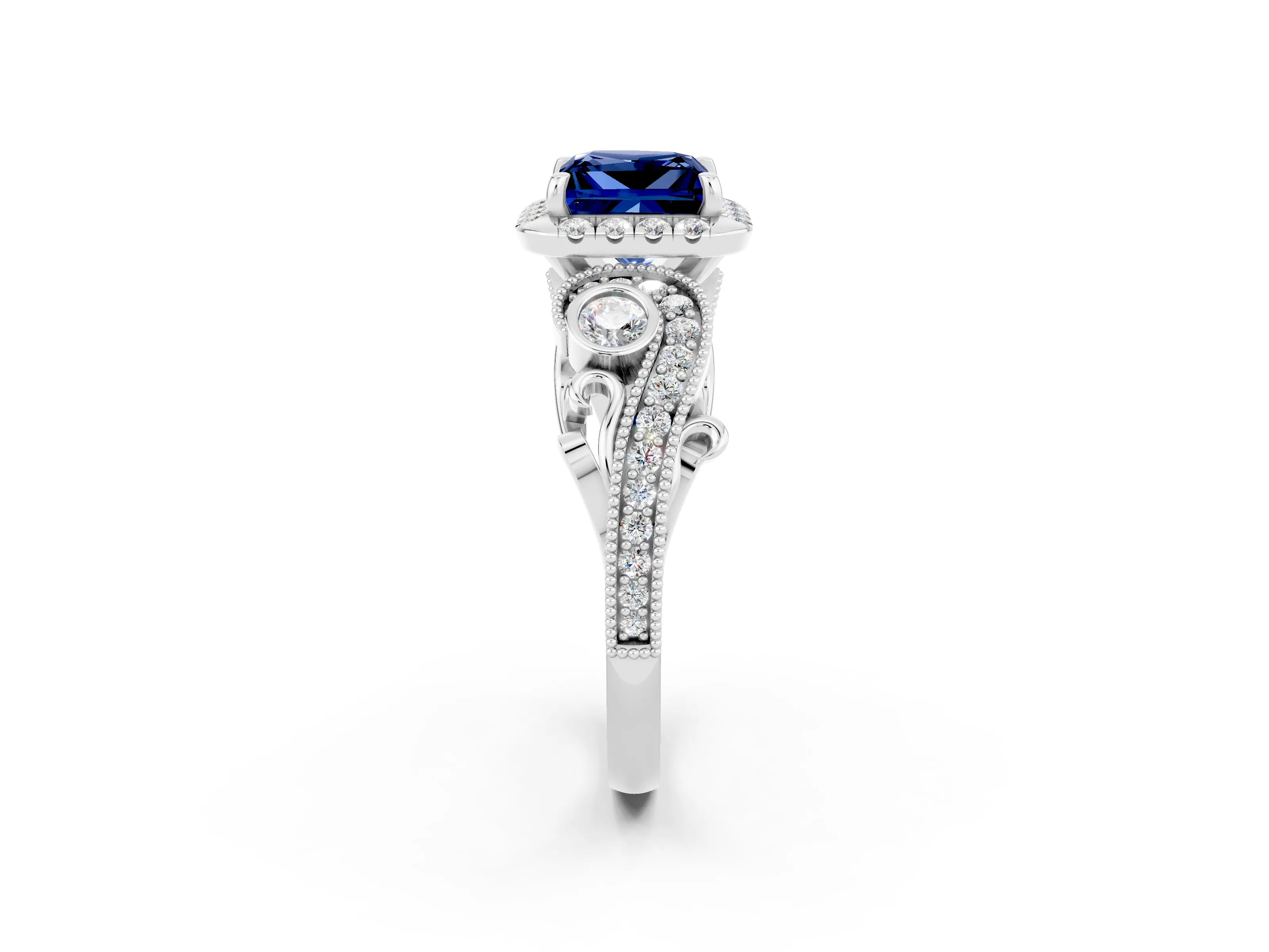 White gold Princess Cut Blue Sapphire Halo Ring with Milgrain Pavé Band and Four-Prong Setting_14