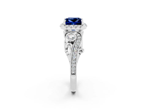 White gold Princess Cut Blue Sapphire Halo Ring with Milgrain Pavé Band and Four-Prong Setting_14
