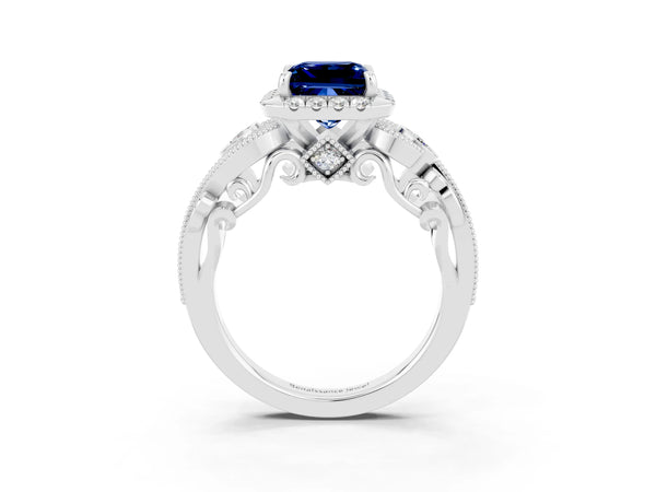 White gold Princess Cut Blue Sapphire Halo Ring with Milgrain Pavé Band and Four-Prong Setting