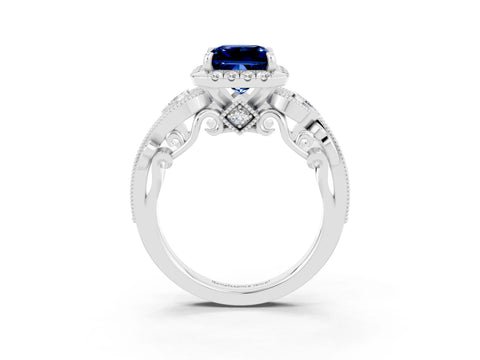 White gold Princess Cut Blue Sapphire Halo Ring with Milgrain Pavé Band and Four-Prong Setting_15