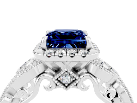 White gold Princess Cut Blue Sapphire Halo Ring with Milgrain Pavé Band and Four-Prong Setting_16