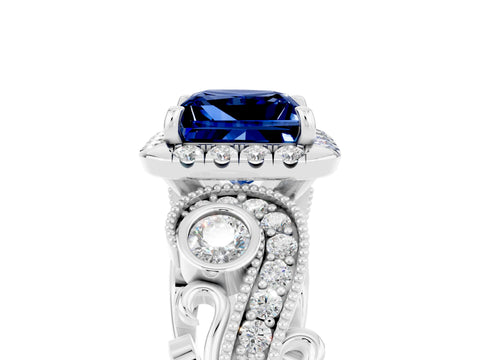 White gold Princess Cut Blue Sapphire Halo Ring with Milgrain Pavé Band and Four-Prong Setting_17