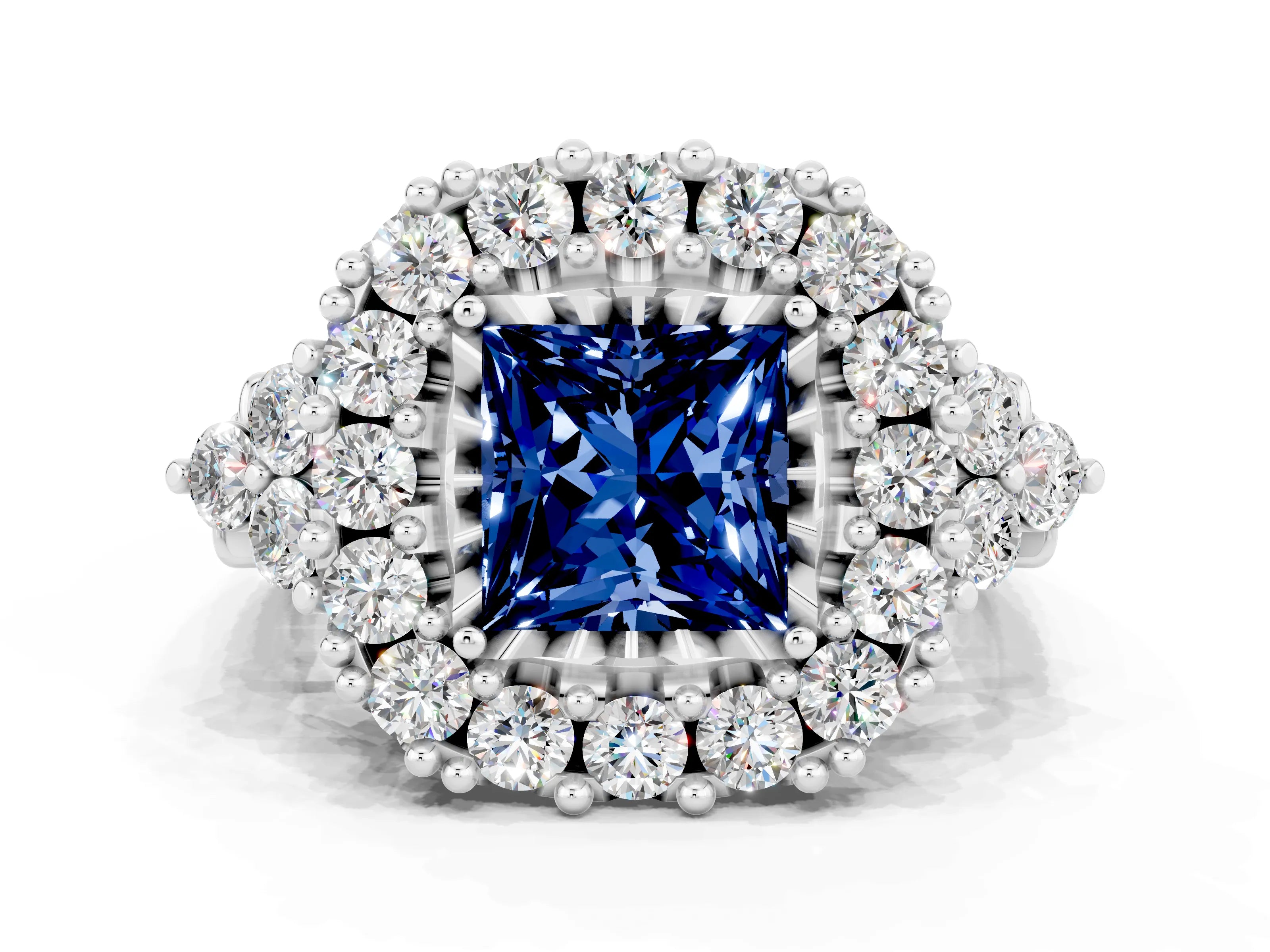 White gold Princess Cut Blue Sapphire Halo Ring with Pavé Band and Four-Prong Setting_12