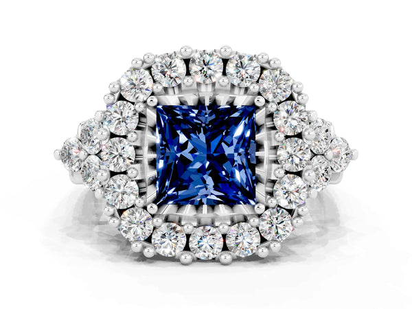 Silver Princess Cut Blue Sapphire Halo Ring with Pavé Band and Four-Prong Setting