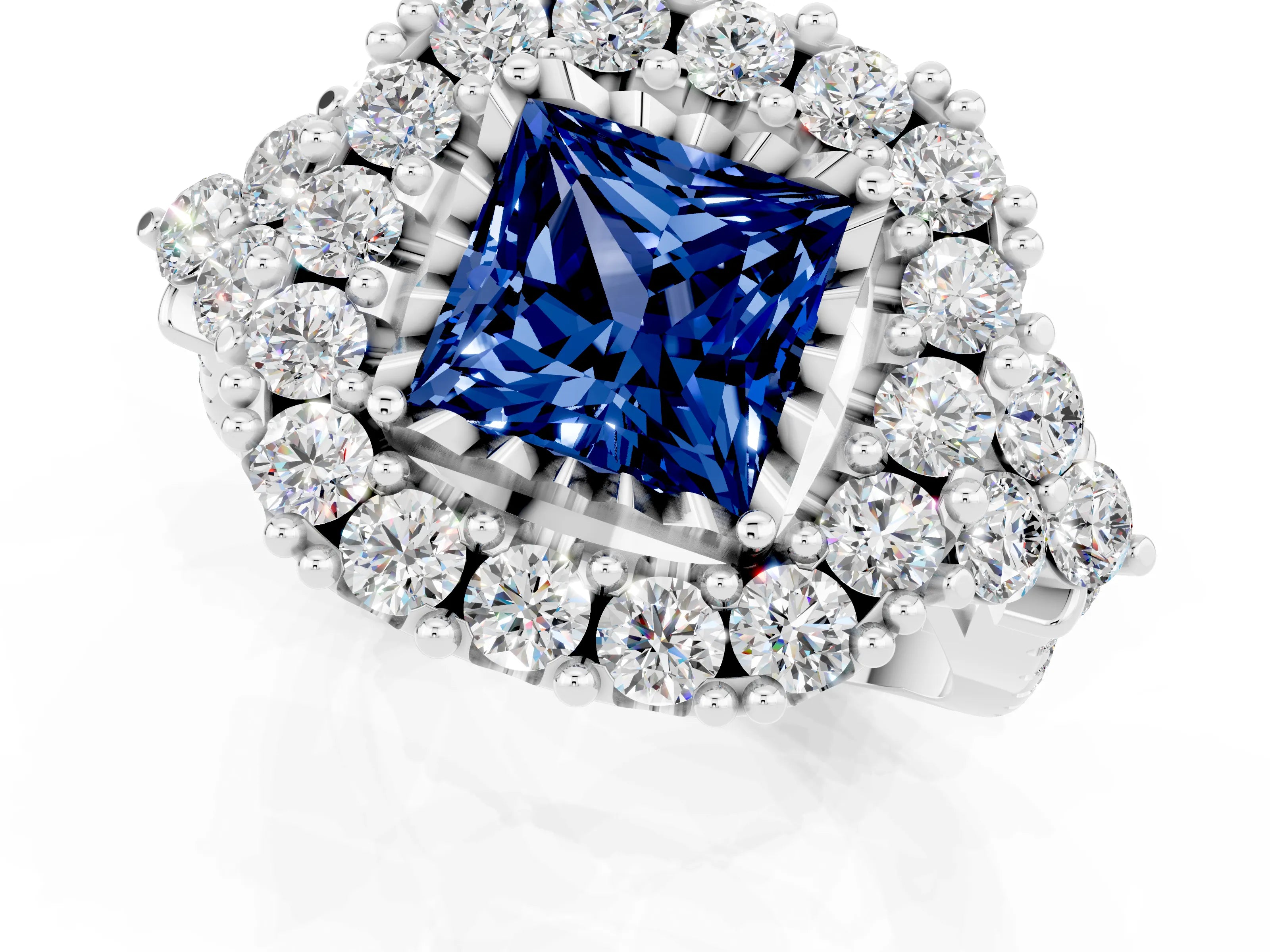 White gold Princess Cut Blue Sapphire Halo Ring with Pavé Band and Four-Prong Setting_13