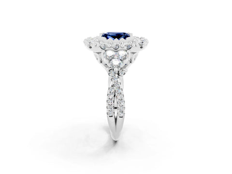 White gold Princess Cut Blue Sapphire Halo Ring with Pavé Band and Four-Prong Setting_14