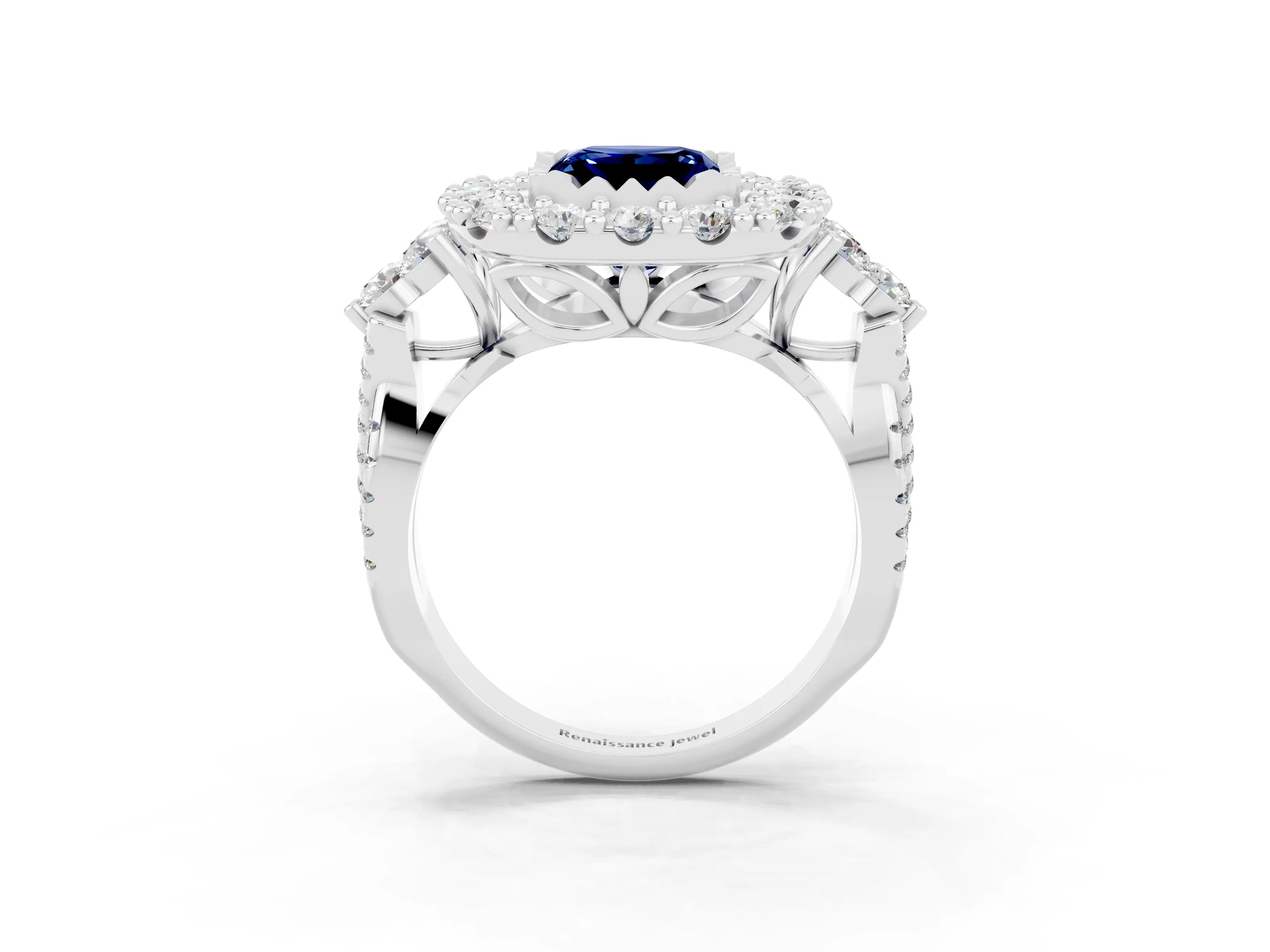 White gold Princess Cut Blue Sapphire Halo Ring with Pavé Band and Four-Prong Setting_15
