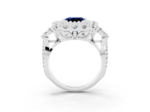 White gold Princess Cut Blue Sapphire Halo Ring with Pavé Band and Four-Prong Setting_15
