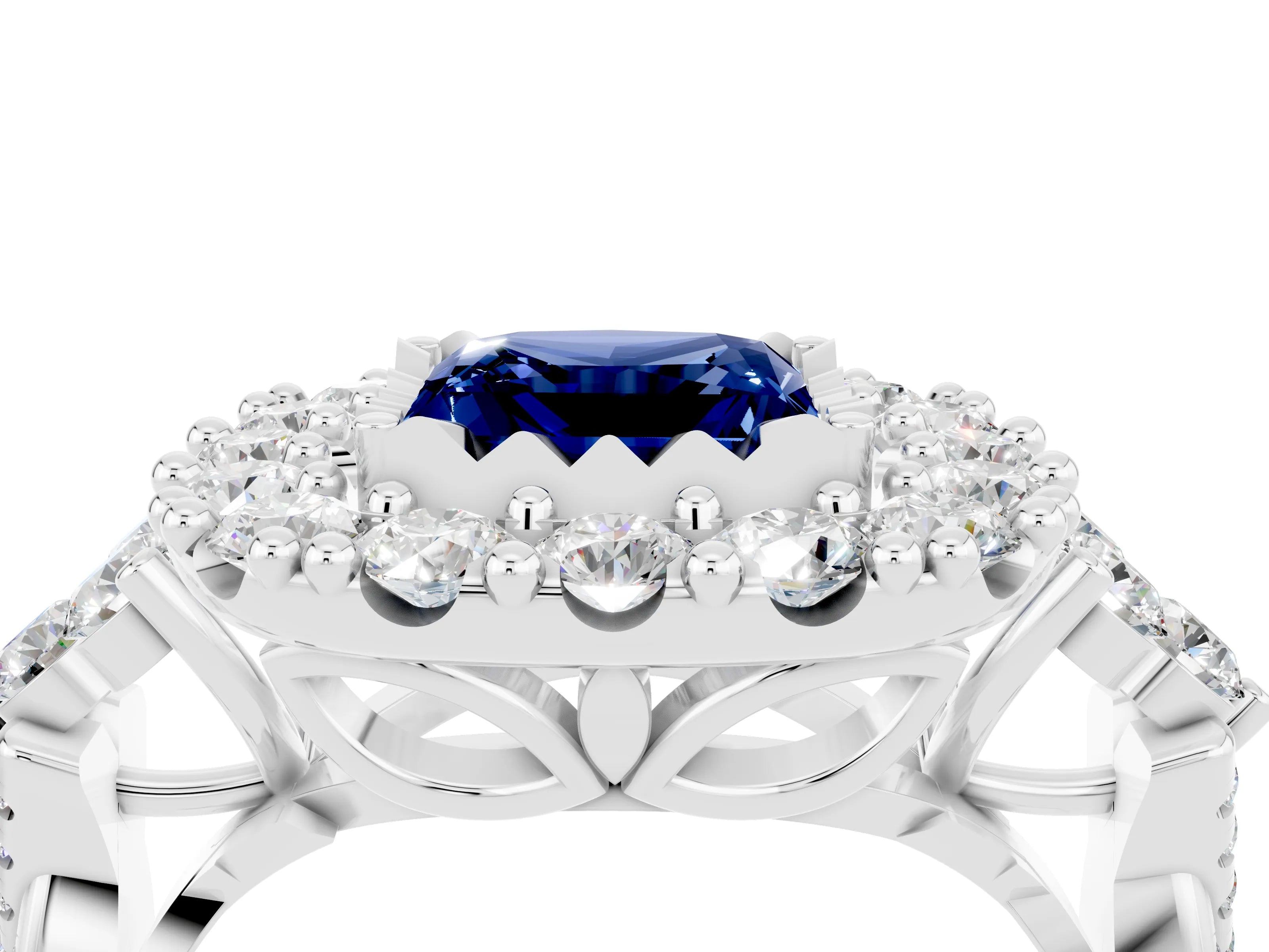 White gold Princess Cut Blue Sapphire Halo Ring with Pavé Band and Four-Prong Setting_16