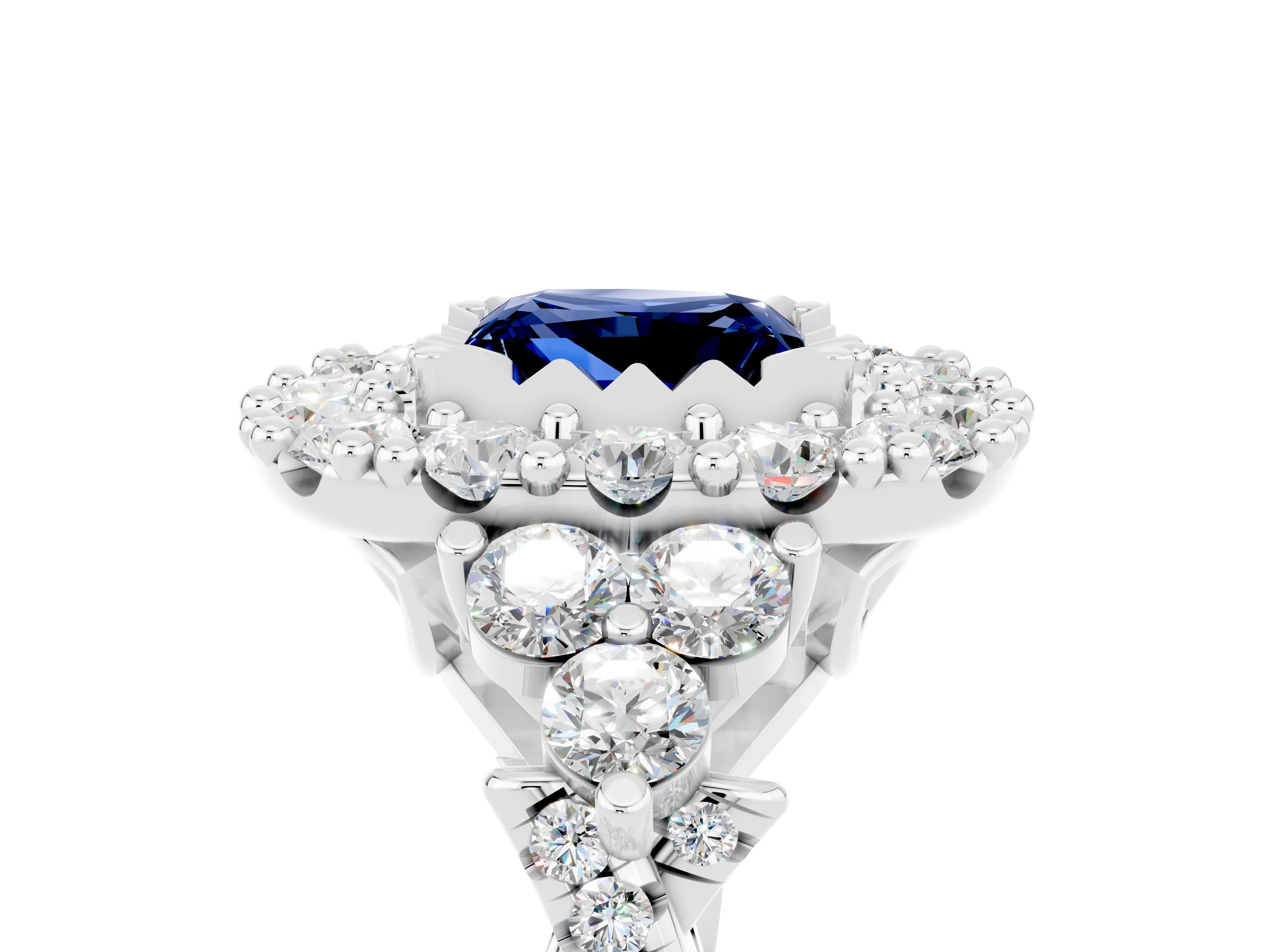 White gold Princess Cut Blue Sapphire Halo Ring with Pavé Band and Four-Prong Setting_17