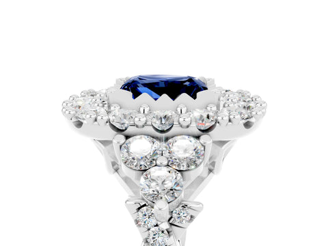 White gold Princess Cut Blue Sapphire Halo Ring with Pavé Band and Four-Prong Setting_17