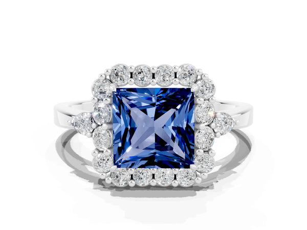 Silver Princess Cut Blue Sapphire Halo Ring with Pear Side Stones and Prong Setting