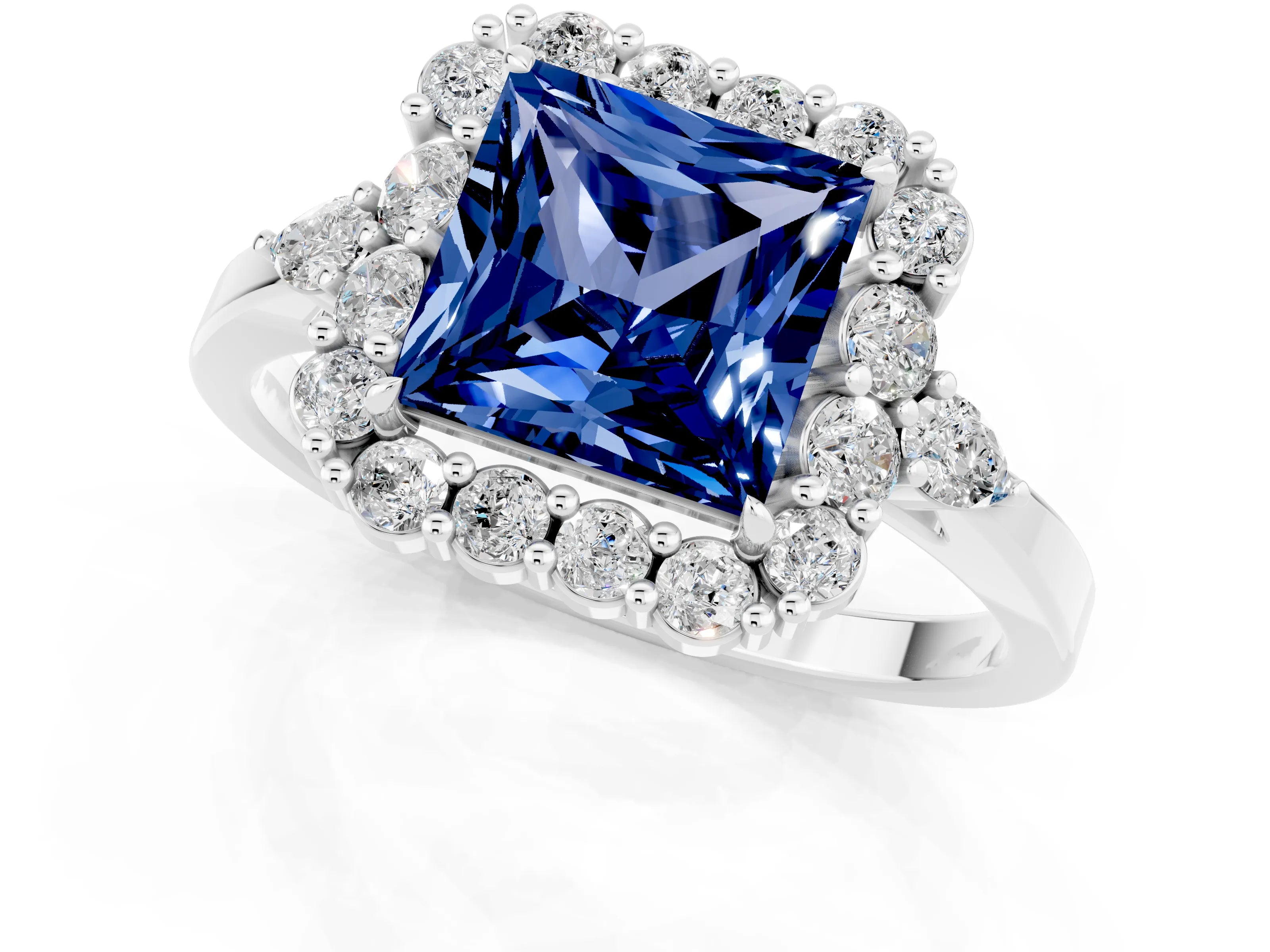 White gold Princess Cut Blue Sapphire Halo Ring with Pear Side Stones and Prong Setting_25