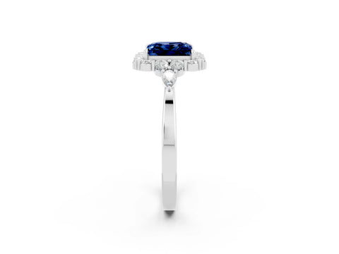 White gold Princess Cut Blue Sapphire Halo Ring with Pear Side Stones and Prong Setting_26