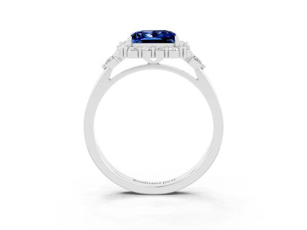 Platinum Princess Cut Blue Sapphire Halo Ring with Pear Side Stones and Prong Setting