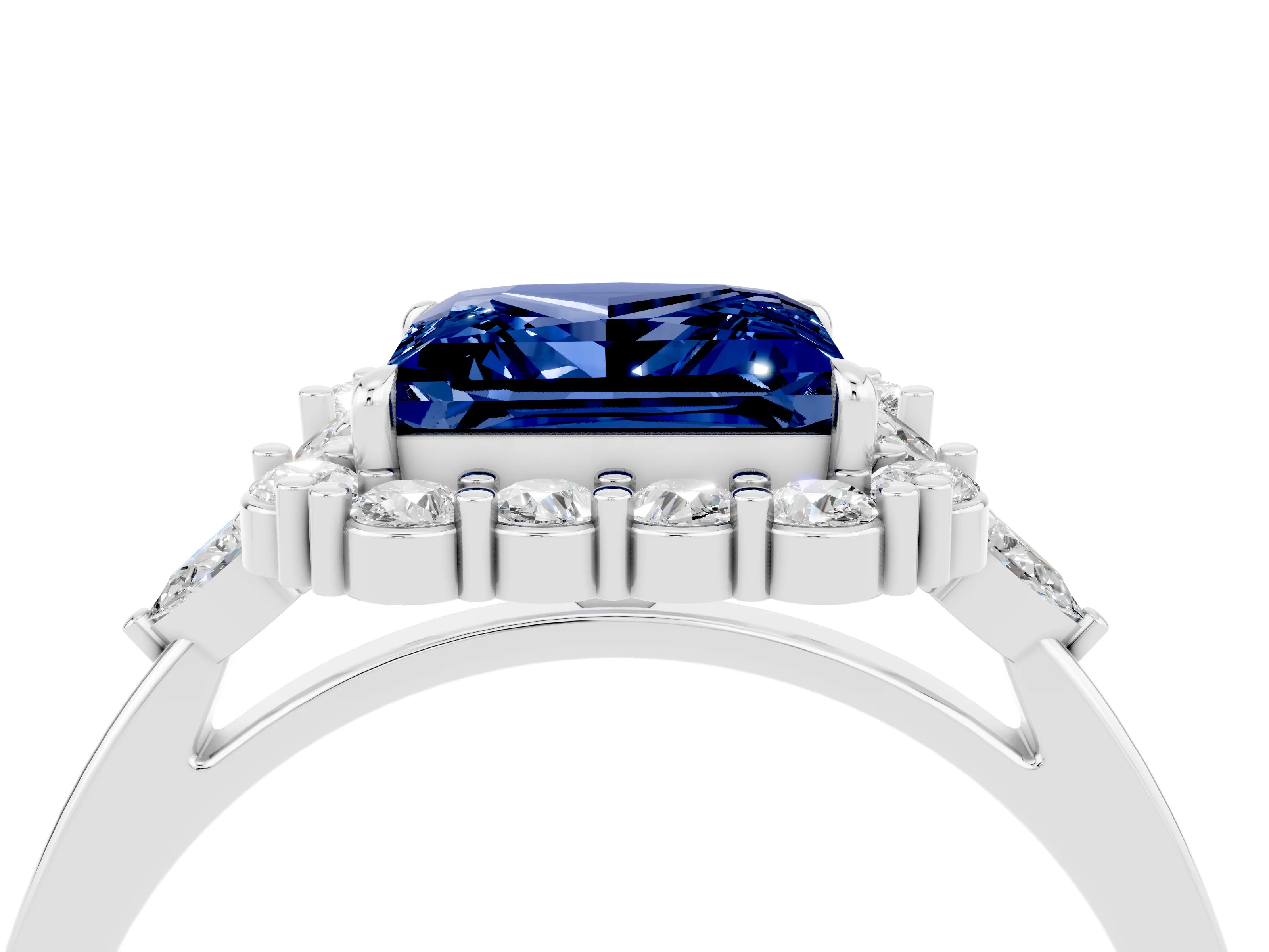 White gold Princess Cut Blue Sapphire Halo Ring with Pear Side Stones and Prong Setting_28