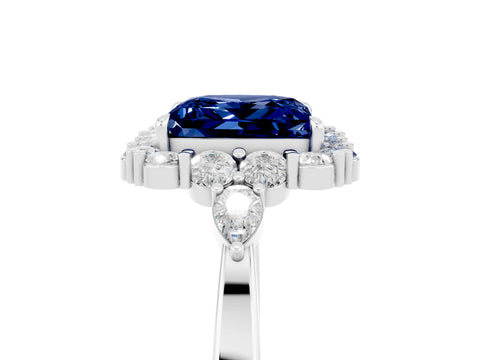 White gold Princess Cut Blue Sapphire Halo Ring with Pear Side Stones and Prong Setting_29