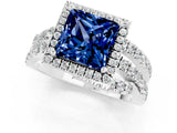 White gold Princess Cut Blue Sapphire Halo Ring with Round Split Shank and Prong Setting_61
