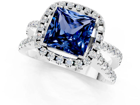 White gold Princess Cut Blue Sapphire Halo Ring with Split Shank Pavé Band and Prong Setting_1