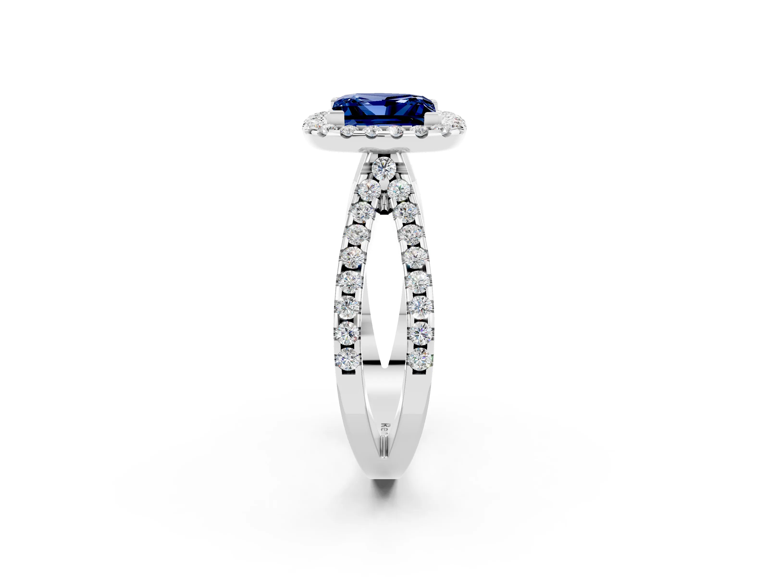 White gold Princess Cut Blue Sapphire Halo Ring with Split Shank Pavé Band and Prong Setting_2