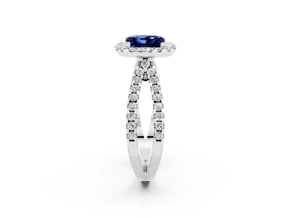 Silver Princess Cut Blue Sapphire Halo Ring with Split Shank Pavé Band and Prong Setting