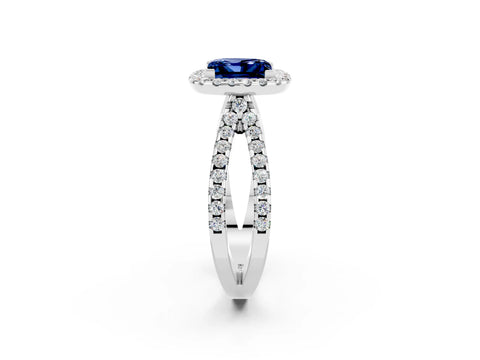 White gold Princess Cut Blue Sapphire Halo Ring with Split Shank Pavé Band and Prong Setting_2