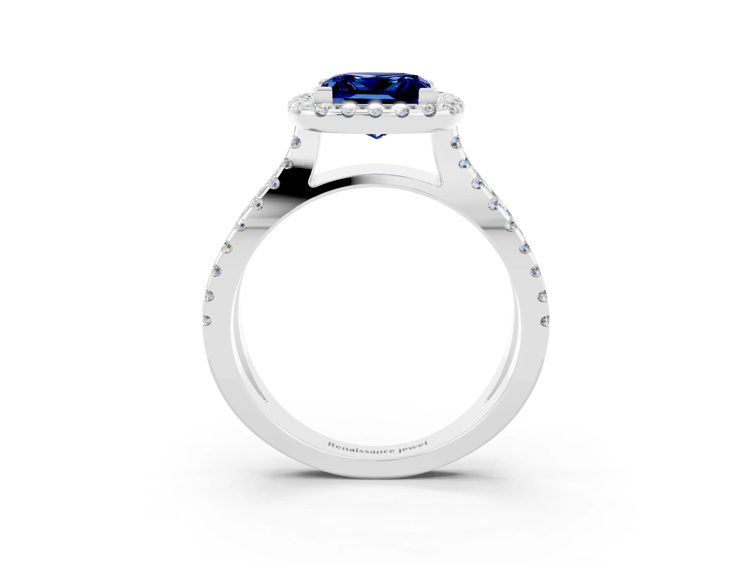 White gold Princess Cut Blue Sapphire Halo Ring with Split Shank Pavé Band and Prong Setting_3