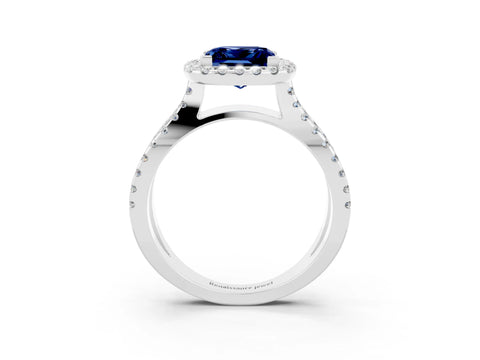 White gold Princess Cut Blue Sapphire Halo Ring with Split Shank Pavé Band and Prong Setting_3
