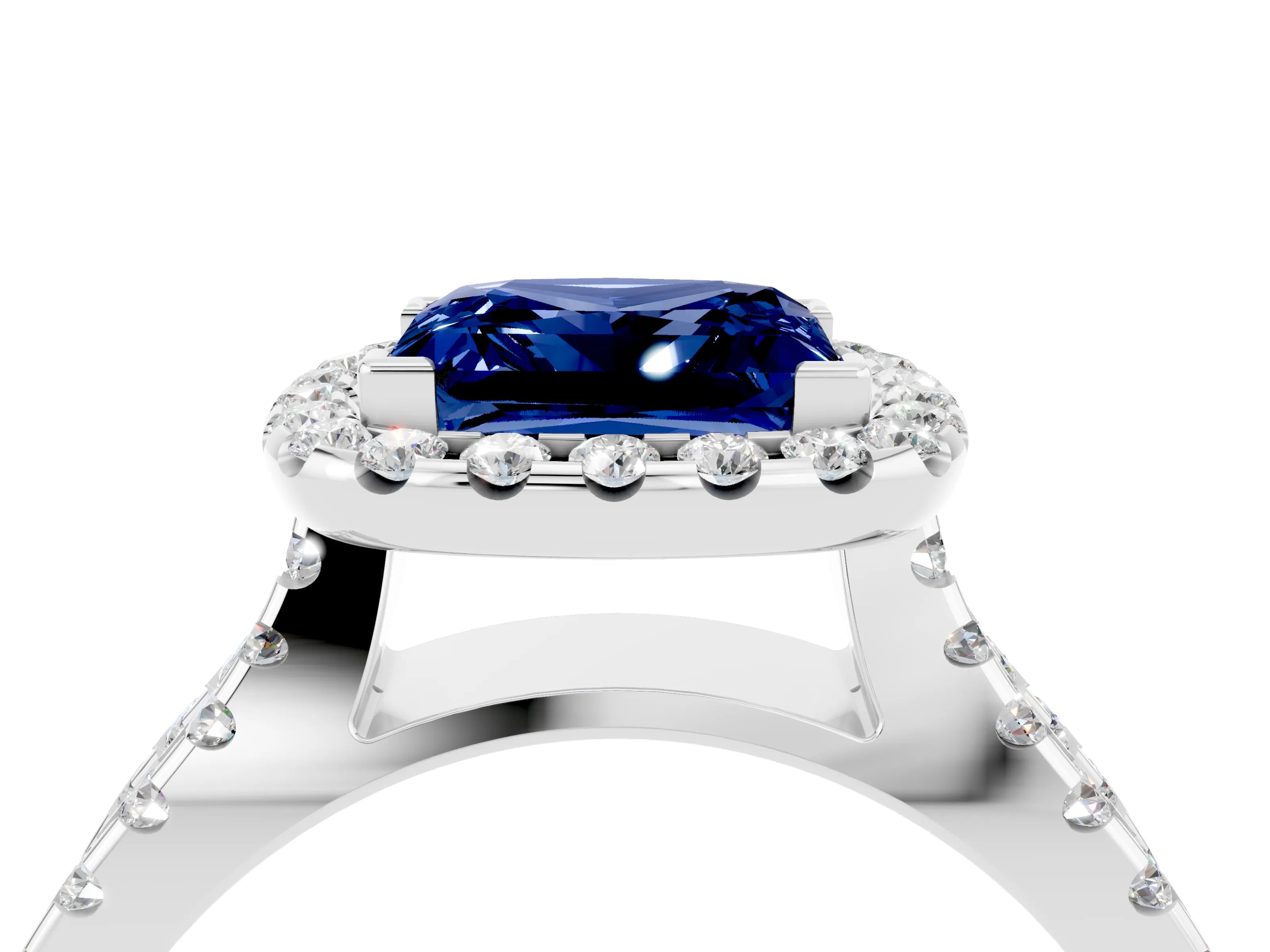 White gold Princess Cut Blue Sapphire Halo Ring with Split Shank Pavé Band and Prong Setting_4